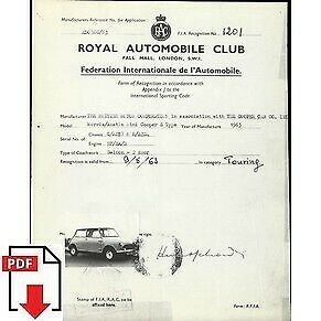 1963 Austin Morris Mini Cooper "S" FIA homologation form PDF download (RAC)